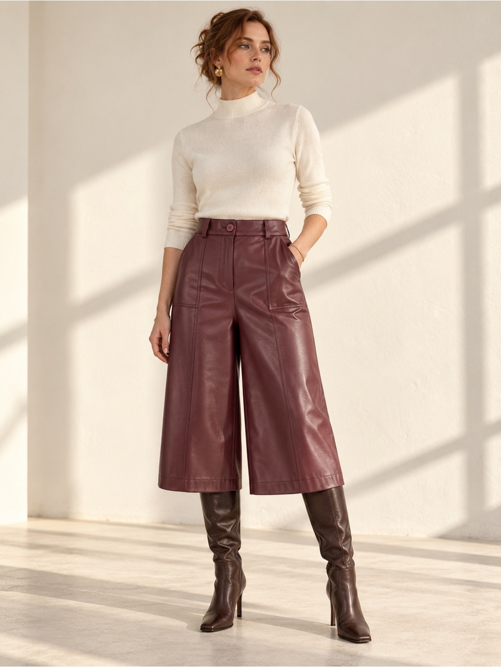 Melanie Lyne Burgundy Vegan Leather Wide Leg Culottes Mid Rise Sz 2 to 6 NWOT